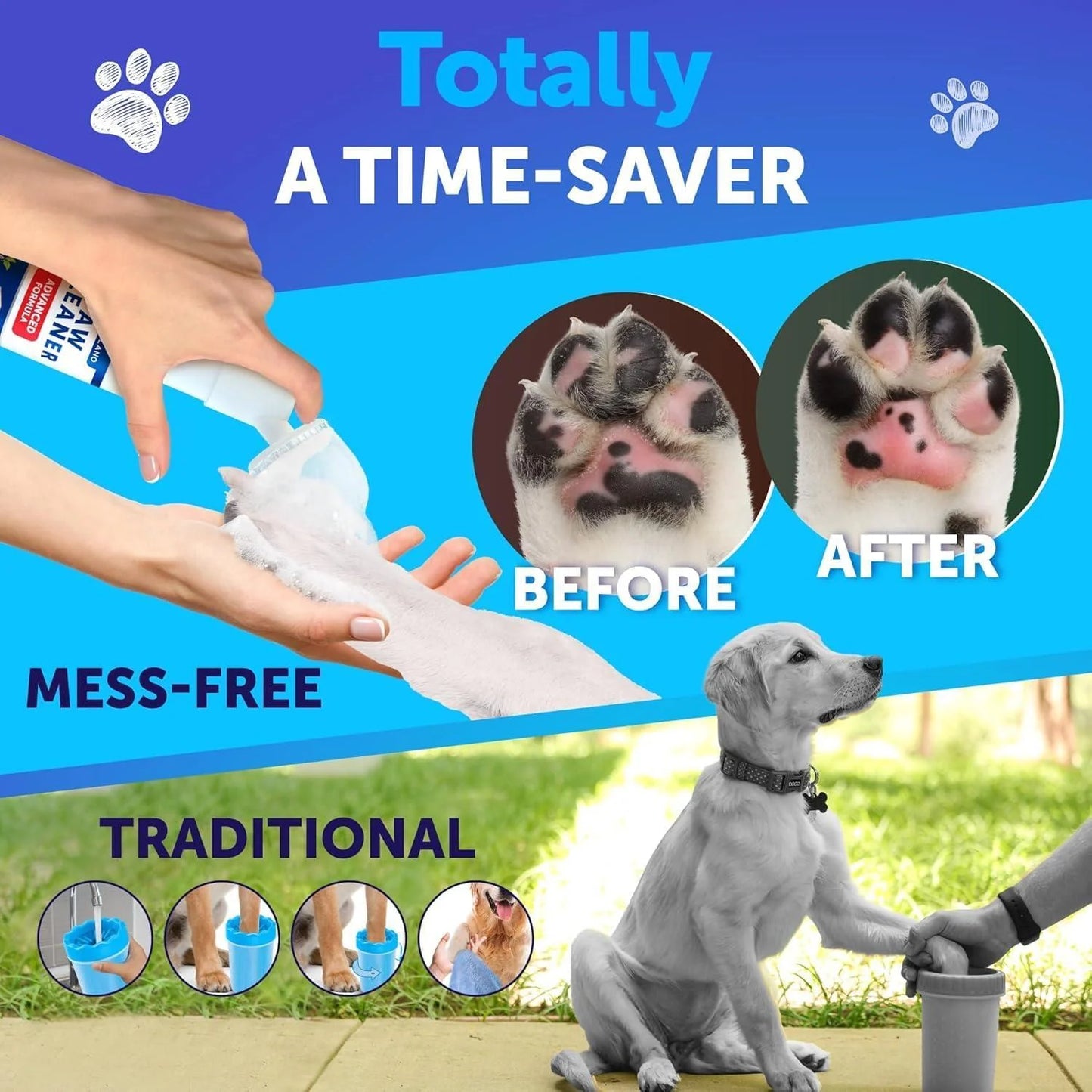 Paw Cleaner for Dogs – Silicone Brush Cup + 5 fl oz No-Rinse Foaming Cleanser
